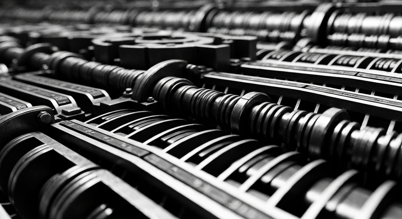 A high-contrast black and white close-up of intricate gears, levers, and other heavy industrial machinery, representing the complex financial infrastructure underlying corporate reporting and investor relations.