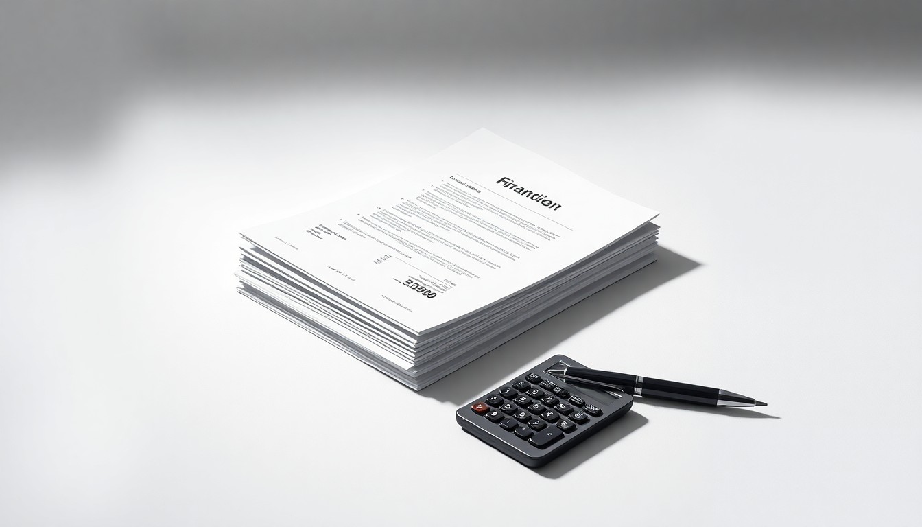 A high-end, photorealistic studio still-life photograph featuring a stack of financial documents, a calculator, and a pen arranged elegantly on a clean, white seamless background, conceptually representing the abstract corporate strategy and finance issues at the heart of the Kyndryl lawsuit.