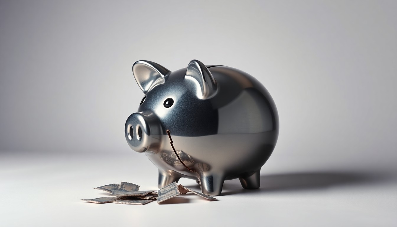 A photorealistic studio still-life image of a shattered metal piggy bank, representing the financial losses incurred by Lakeland Industries investors due to the company's failure to meet its projected performance targets.