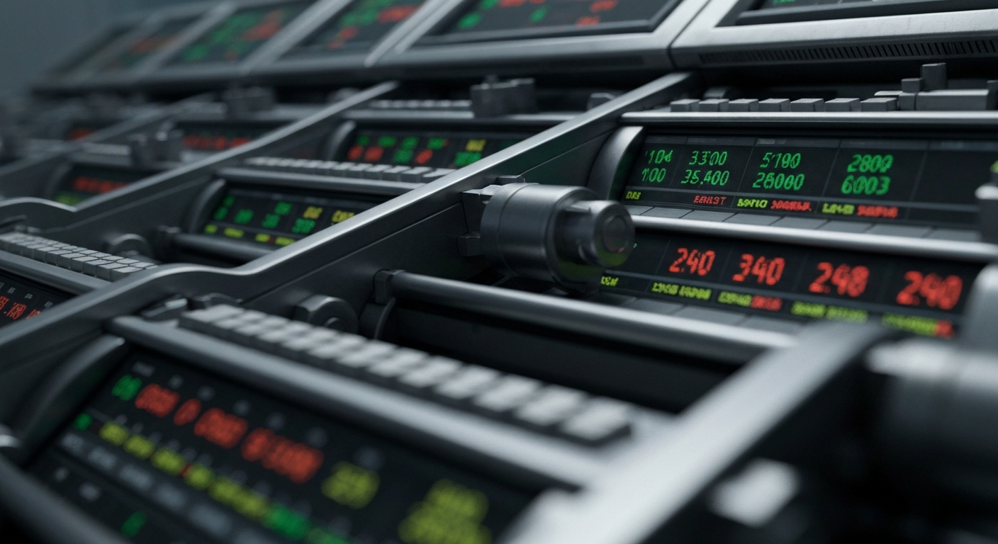 A highly detailed, black-and-white macro photograph of the gears, levers, and mechanisms of heavy industrial banking equipment, conveying the physical, institutional nature of finance without using literal financial symbols.