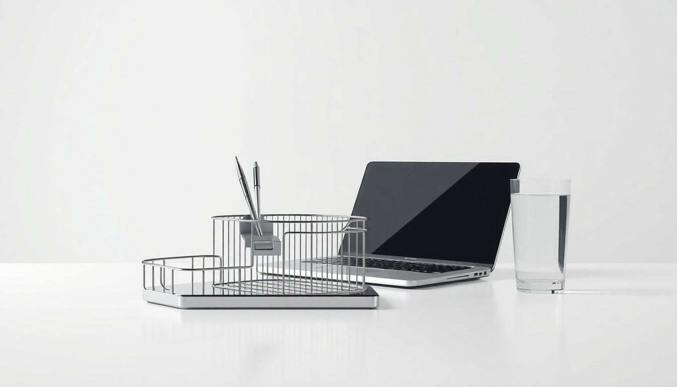 A high-end, photorealistic studio still-life featuring a polished metal desk organizer, a sleek laptop, and a glass of water on a clean, monochromatic background, conceptually representing the modern, premium corporate environment of Old National's commercial banking services.