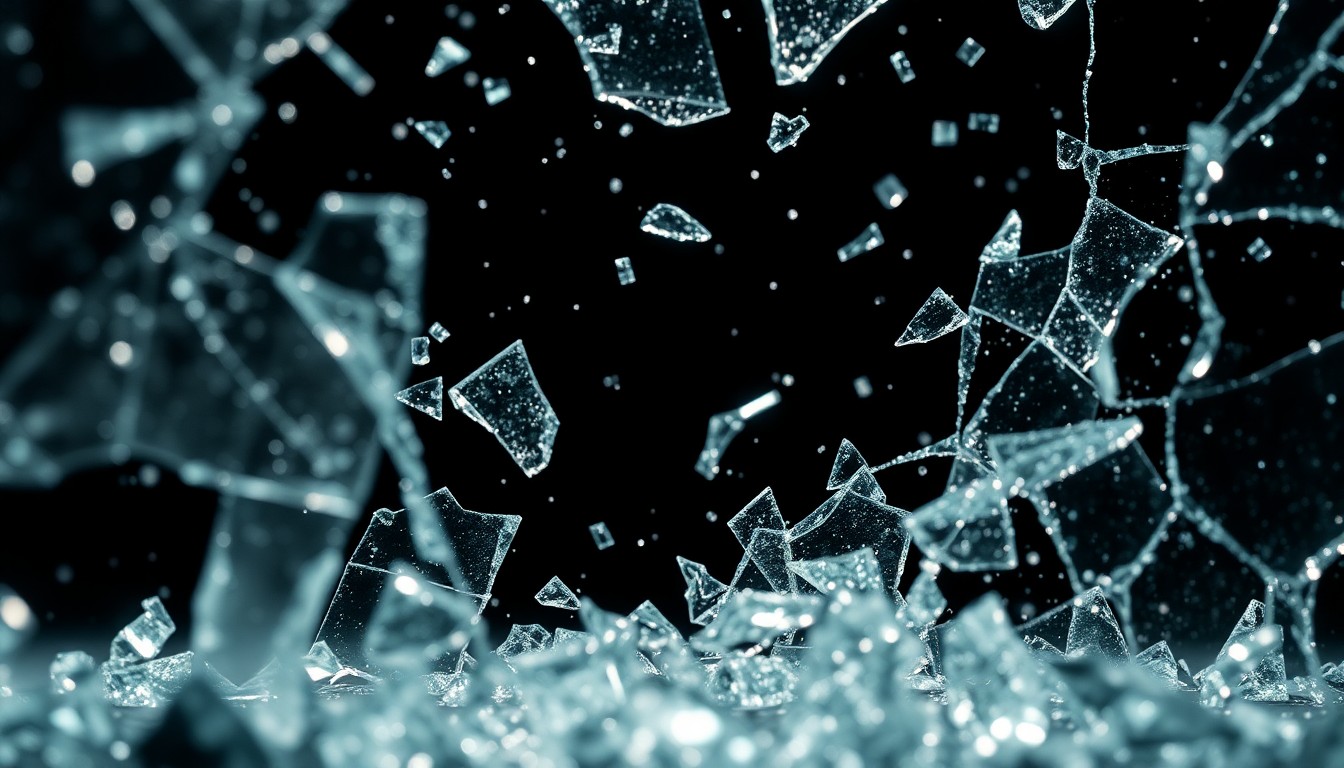 An abstract close-up image of shattered glass and glittering shards, captured in dramatic high-contrast lighting to convey a sense of upheaval and change.