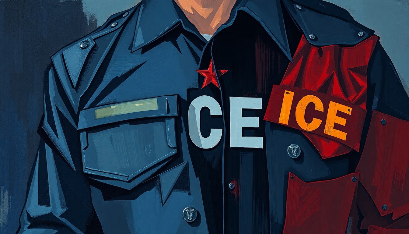 A dynamic, abstract painting featuring overlapping, fractured geometric shapes in shades of blue, grey, and red, conceptually representing the tension and conflict between local and federal authorities over immigration enforcement policies.