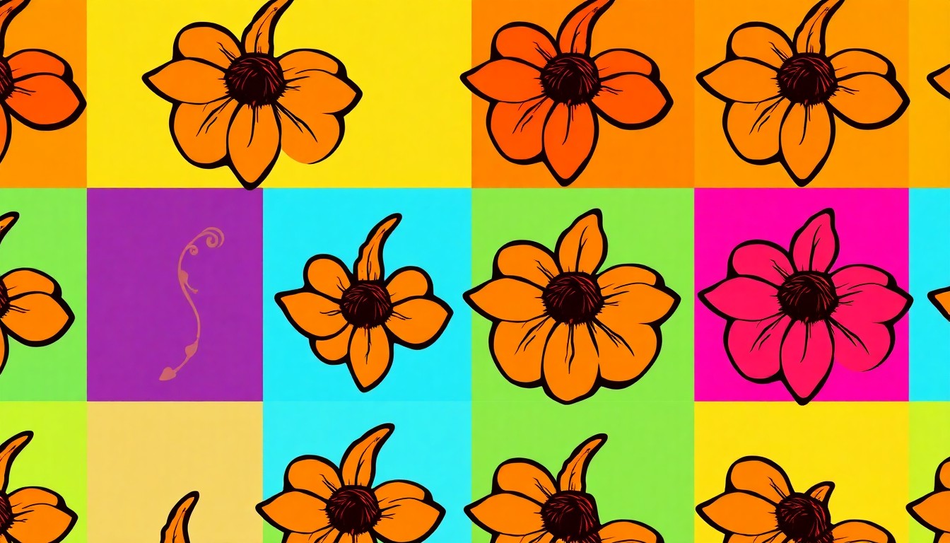 A bold, abstract grid of brightly colored, silkscreened turmeric roots, conceptually representing the diverse Indian flavors and ingredients showcased at the new Ikara restaurant.