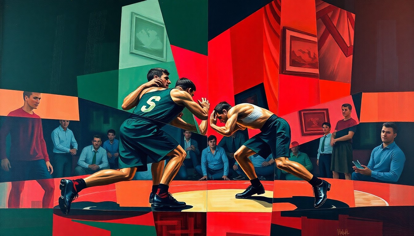 A fragmented, cubist-style painting depicting a high school wrestling match, with the athletes' bodies and movements broken down into sharp, overlapping geometric shapes in a palette of navy, green, and red, conveying the intense physicality and strategic complexity of the sport.