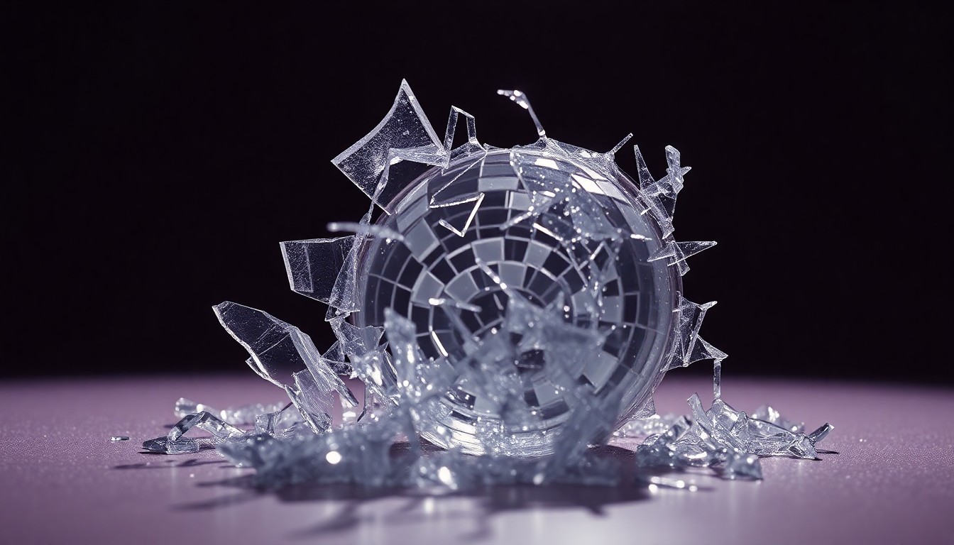 An extreme close-up of shattered glass reflecting a faint red light, conceptually illustrating the fragility of Ye's comeback efforts.