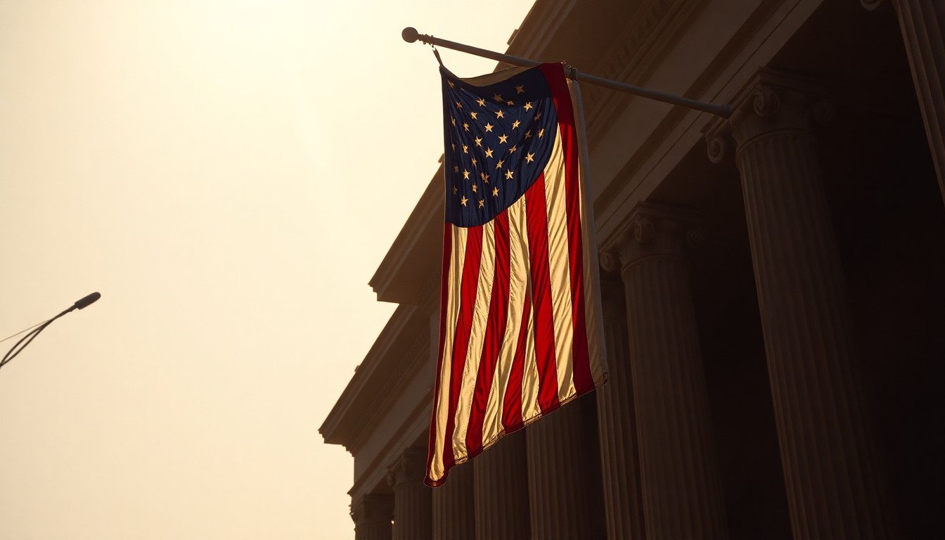 A cinematic painting of an American flag hanging from a government building, the fabric illuminated by warm, diagonal sunlight and deep shadows, conveying a sense of political unease and instability.