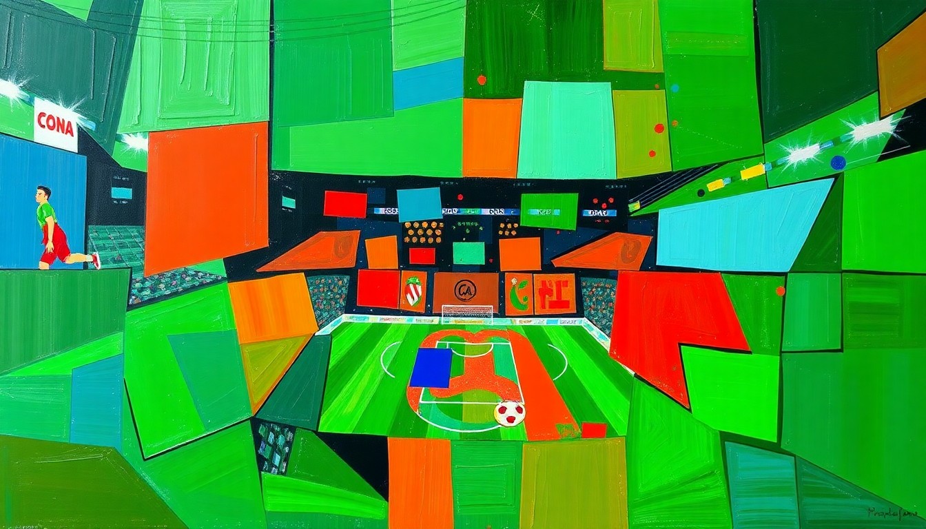 A vibrant, cubist-style painting depicting a fragmented, geometric interpretation of a soccer stadium or match, with overlapping planes of bright green, blue, and red hues conveying the energy and excitement of the sport.