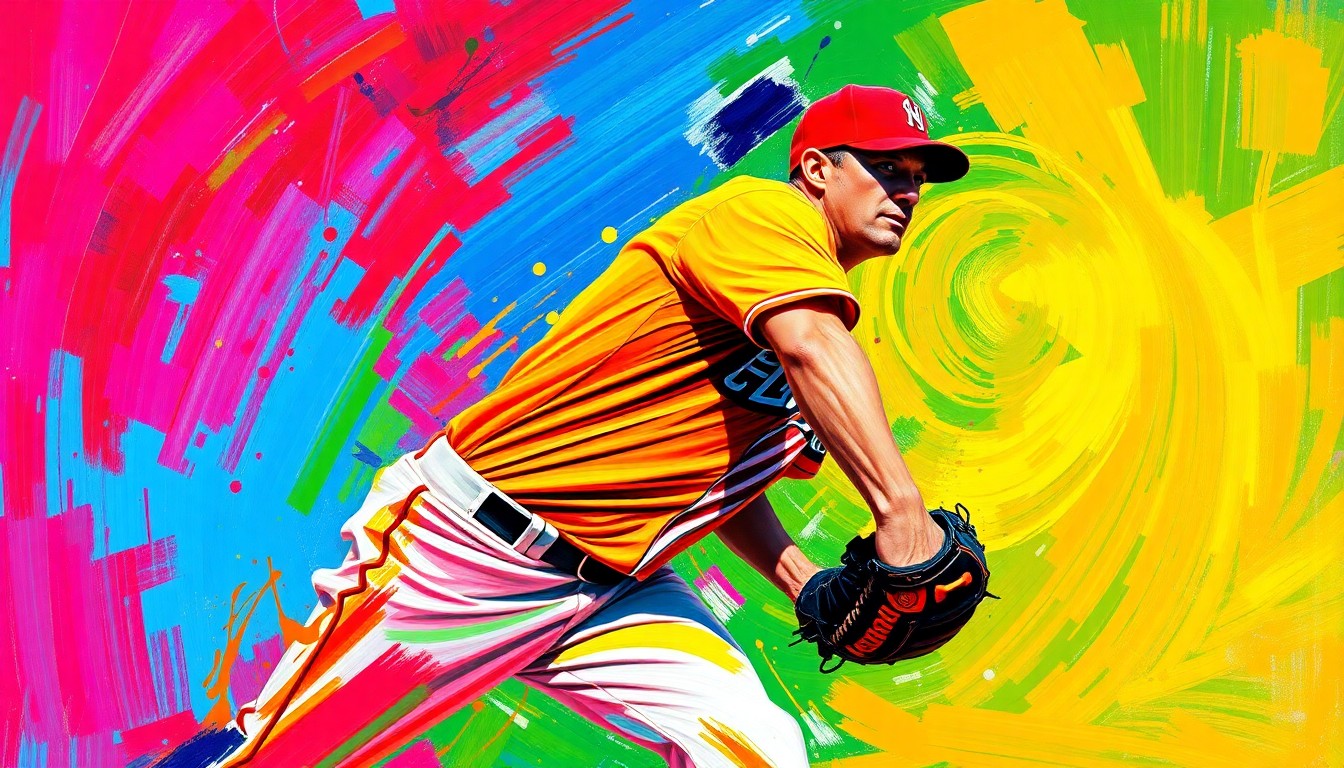 An abstract painting in a bold, expressionist style, using vibrant neon colors and energetic brushstrokes to capture the raw power and explosive motion of a baseball pitcher delivering a pitch.