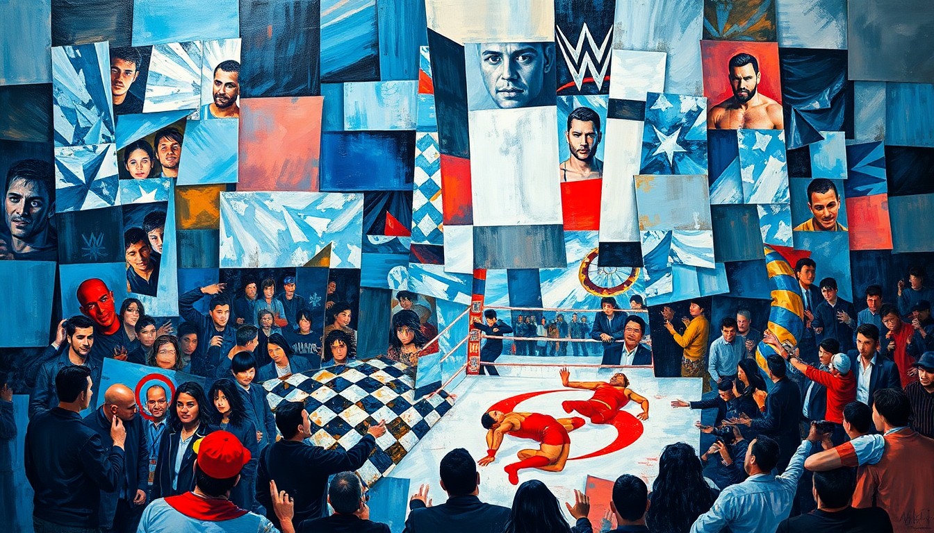 A cubist, geometric painting depicting a fragmented, multi-angled scene of a wrestling match or cheering crowd, rendered in a palette of deep blues, fiery reds, and metallic silvers, conceptually representing the divisive issue of high ticket prices for the annual WrestleMania event.