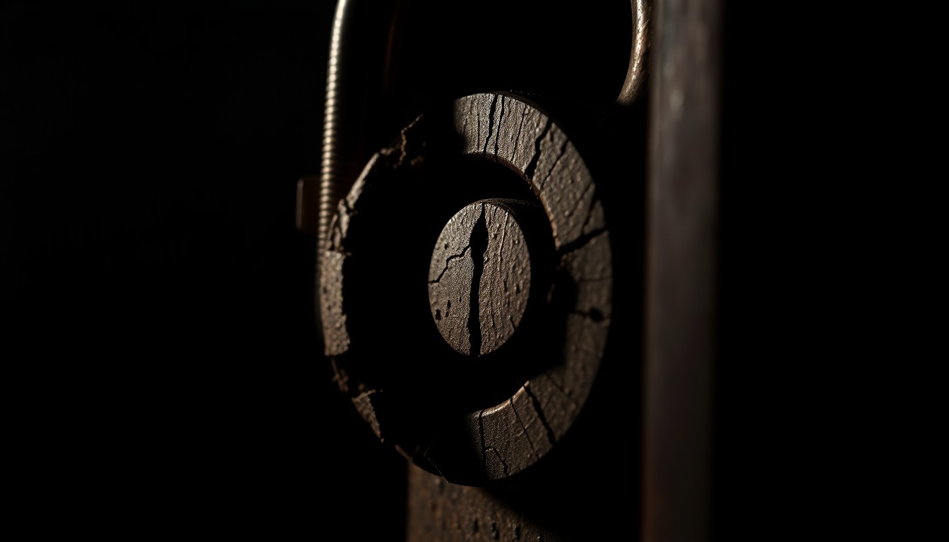 An extreme close-up photograph of a cracked and damaged lock mechanism, lit by a harsh, direct camera flash against a pitch-black background, conceptually illustrating the aftermath of a failed burglary attempt.