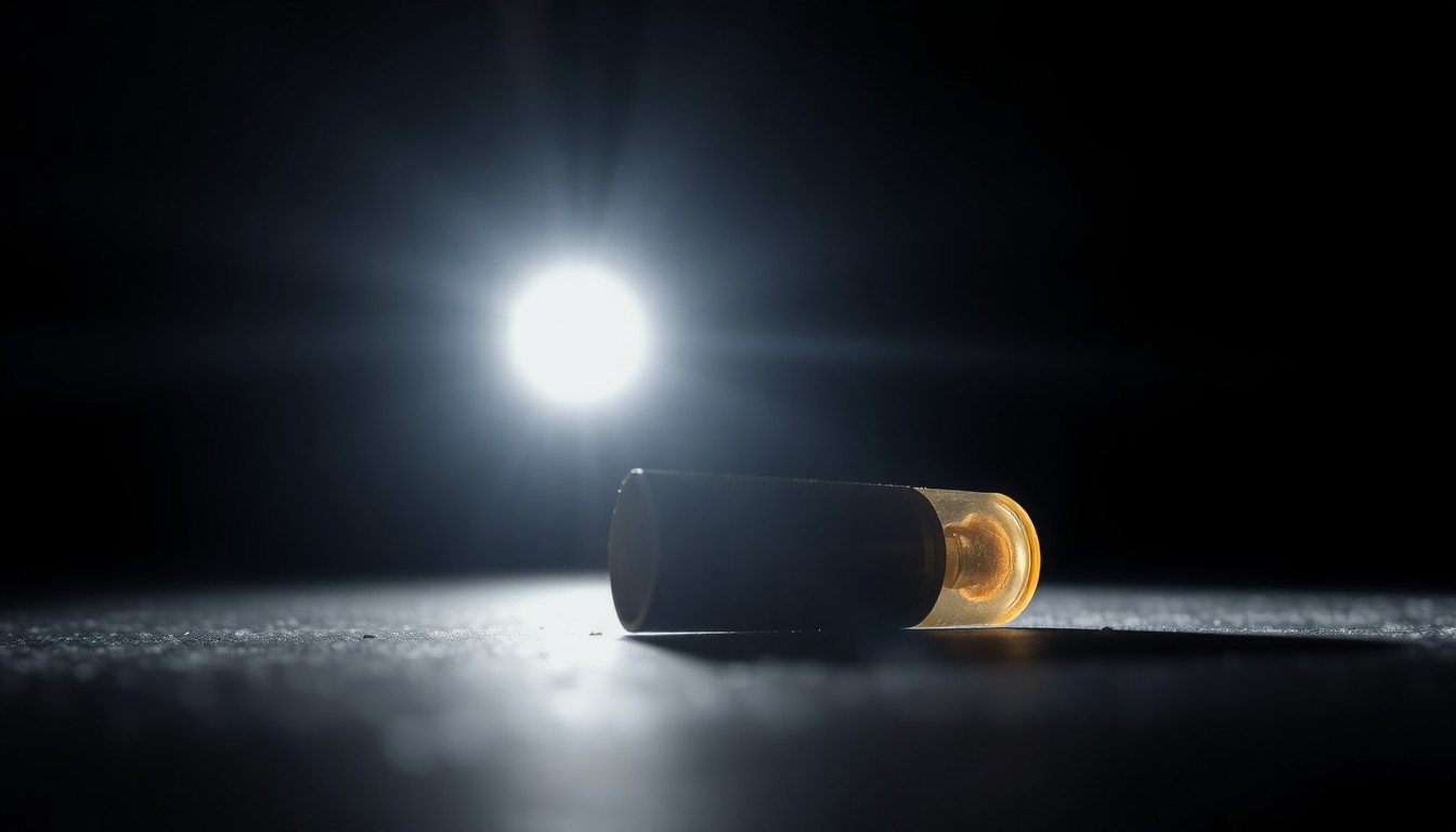 An extreme close-up of a shiny, metallic bullet casing resting on a dark surface, the harsh lighting creating dramatic shadows and textures to convey the serious, investigative nature of the crime.