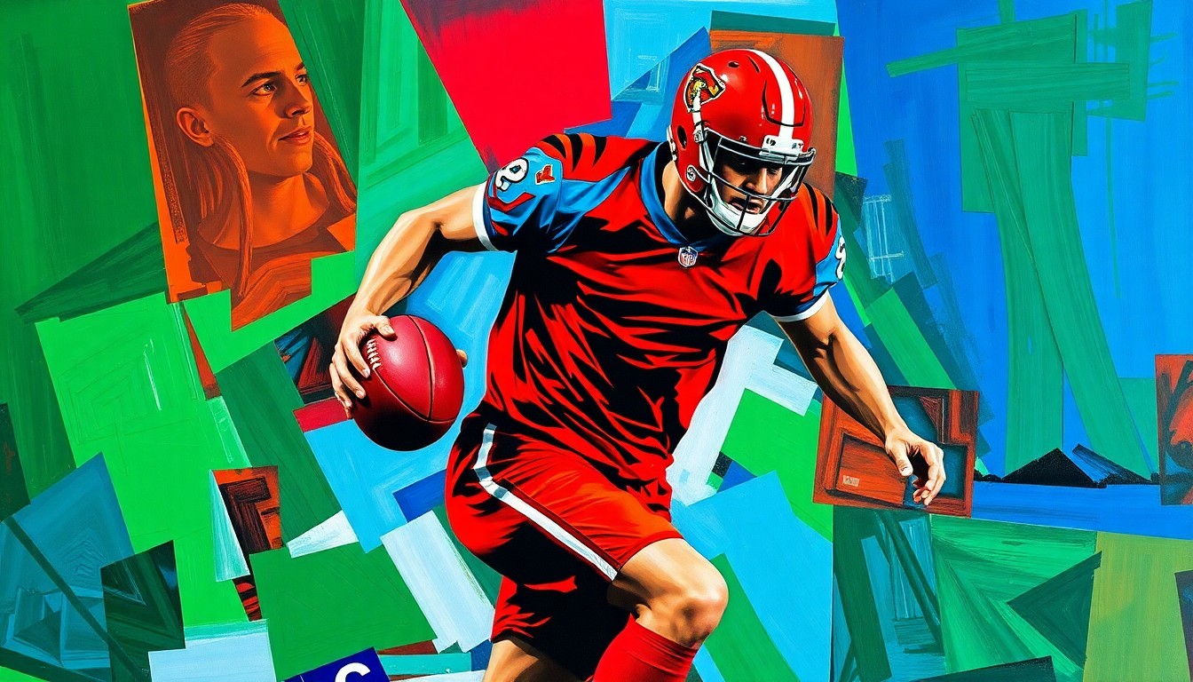 A fragmented, geometric painting depicting a football player in motion, with sharp planes of color and overlapping perspectives conveying the dynamic energy of the sport.