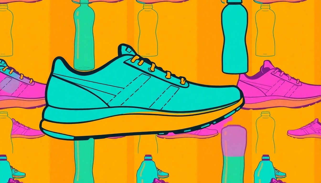 A high-contrast silkscreen print of a running shoe repeated in a grid pattern, rendered in bold neon colors and heavy black outlines to create a modern pop art aesthetic representing the energy and celebration of the AAPI New Jersey Color Run.