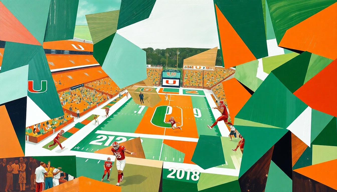 A cubist, geometric painting featuring overlapping planes of orange, green, and white, abstractly depicting a college football game or match.