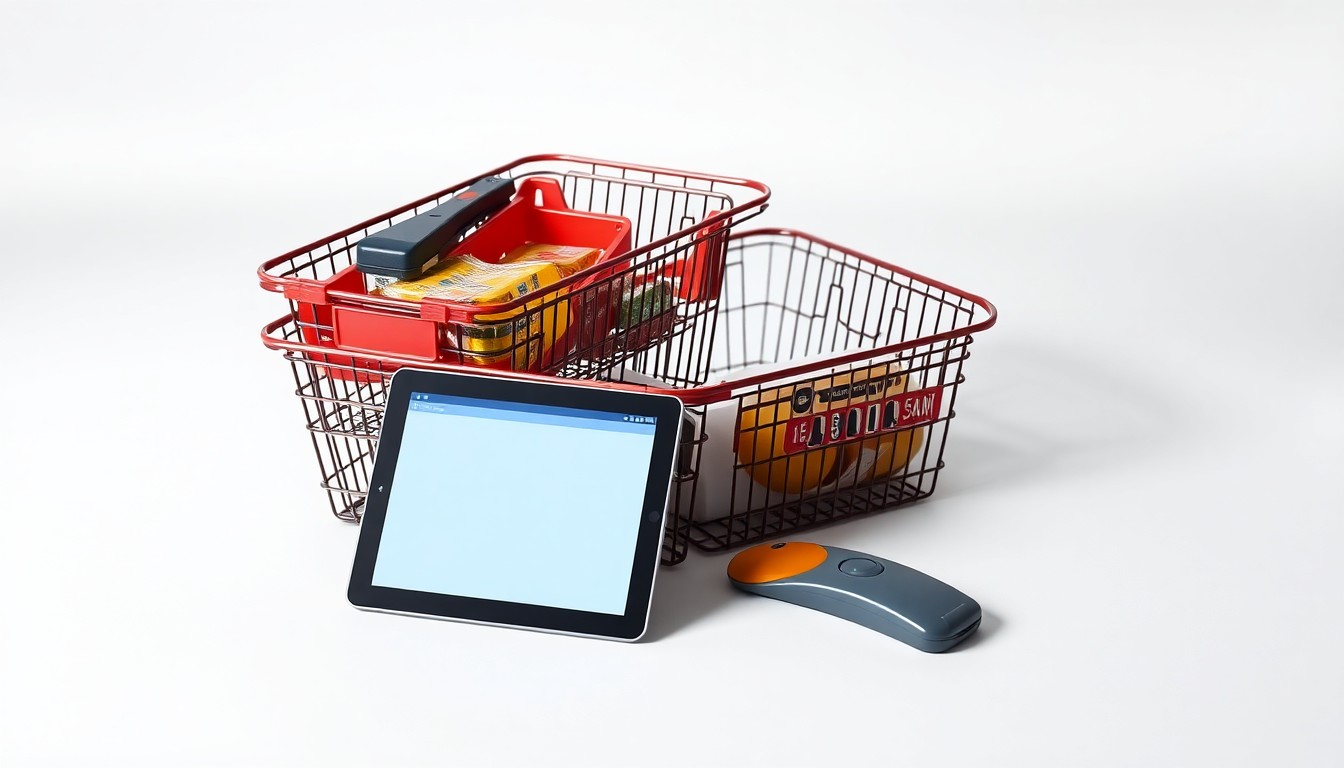 A minimalist studio photograph featuring a stack of shopping baskets, a barcode scanner, and a tablet displaying a mobile checkout app, arranged elegantly on a clean white background to symbolize the modernization of the club store shopping experience.