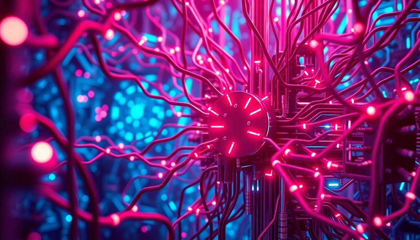A highly detailed, glowing 3D macro illustration of a complex AI neural network infrastructure, with neon cyan and magenta lights illuminating the intricate cybernetic hardware, conceptually representing the power and complexity of AI technology.