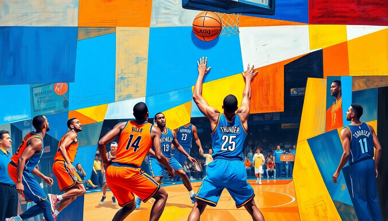 A fractured, multi-perspective painting breaking down an NBA basketball game into sharp, overlapping geometric planes in vibrant blue and orange colors, representing the Thunder's postseason experience.
