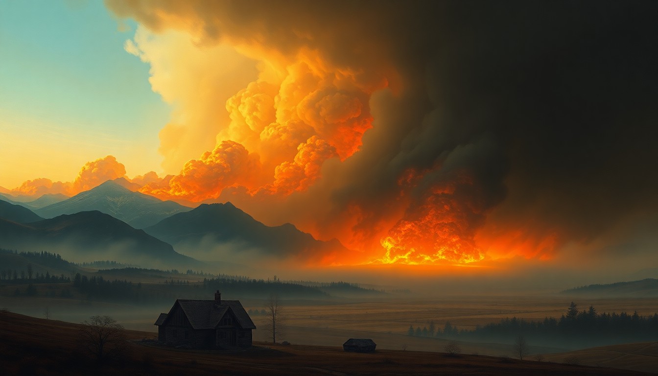 A vast, atmospheric landscape painting depicting a distant wildfire, the flames casting an ominous glow over the desolate countryside, conveying the sublime scale and power of the natural disaster.