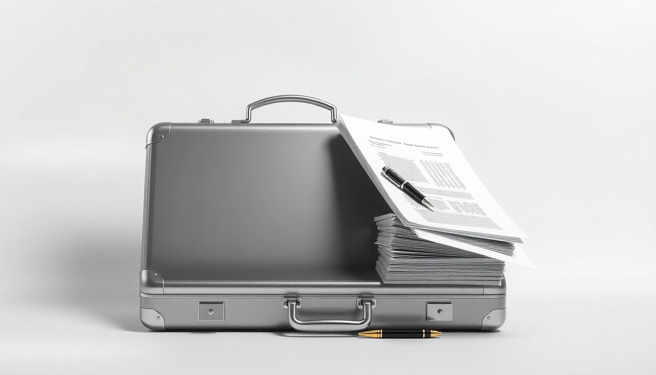 A photorealistic studio still life featuring a polished metal briefcase, a stack of financial documents, and a pen, arranged elegantly on a clean, monochromatic background, symbolizing the abstract corporate strategy and financial implications of Seer's unsolicited proposal.
