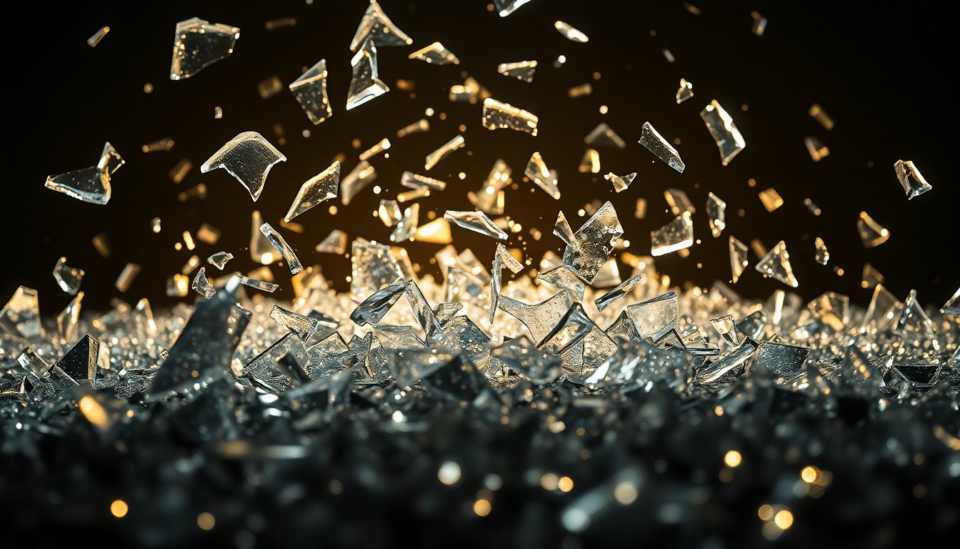 An abstract close-up photograph of shattered glass shards reflecting dramatic studio lighting, conveying a sense of fragility and the pressures of fame.