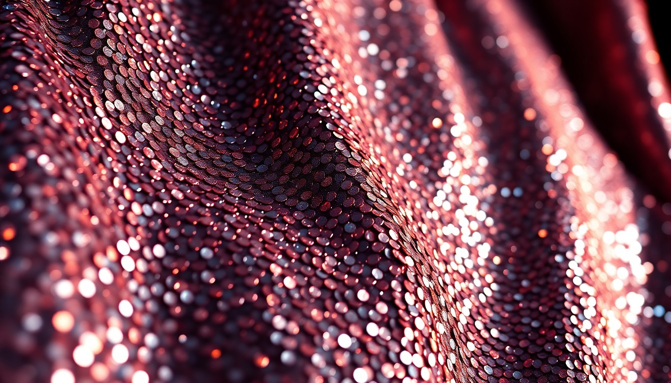 An abstract close-up photograph of shimmering, glittering sequins in dramatic, high-contrast studio lighting, capturing the luxurious and glamorous essence of celebrity culture.