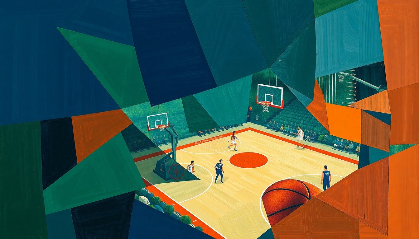 A fragmented, geometric painting depicting a basketball game, with sharp planes of navy, green, and orange overlapping to create a dynamic, abstract composition.