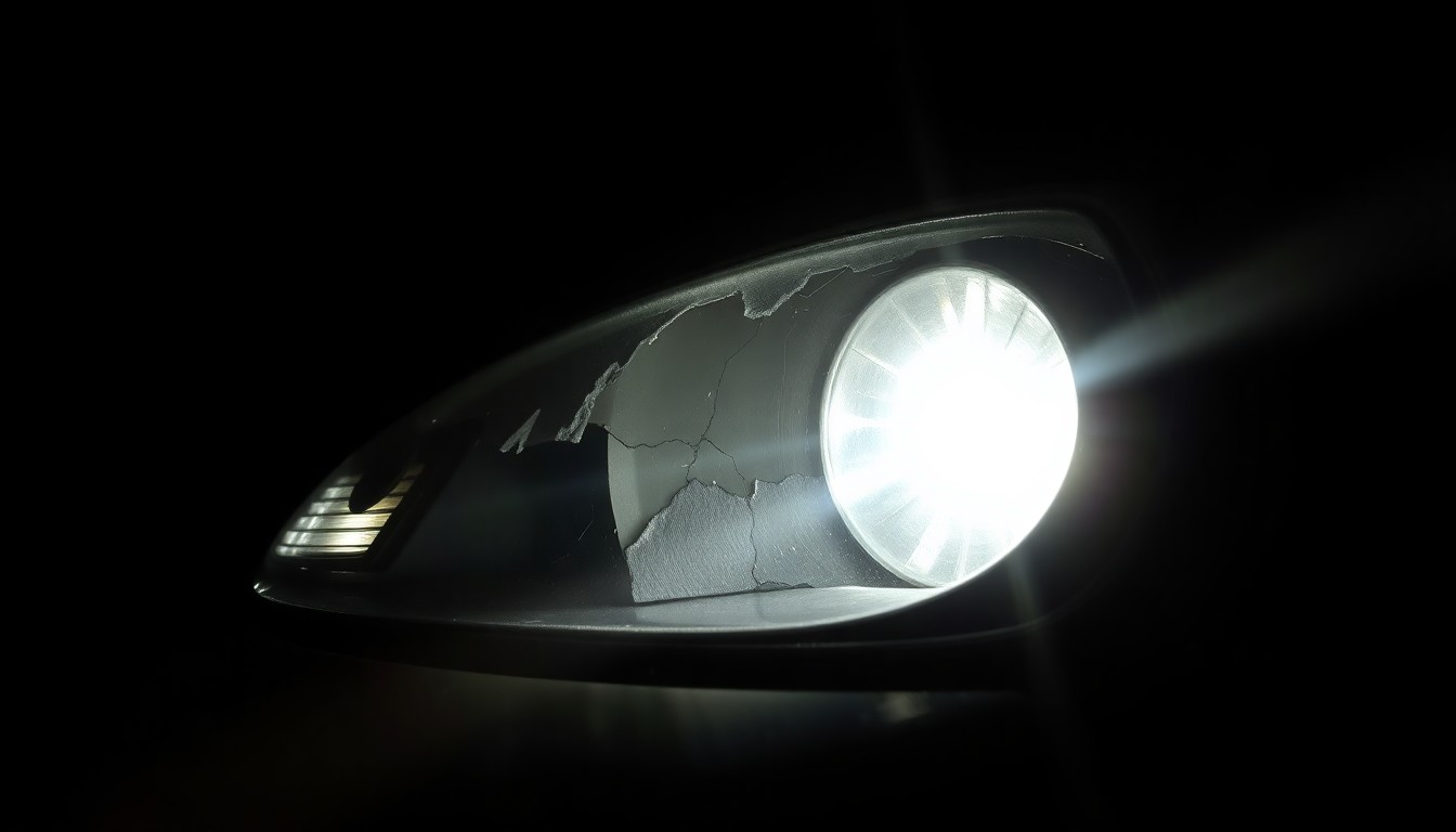 An extreme close-up photograph of a damaged car part, such as a broken side mirror or cracked headlight lens, lit by a harsh, direct camera flash against a pitch-black background, conceptually illustrating the aftermath of a serious intersection collision.