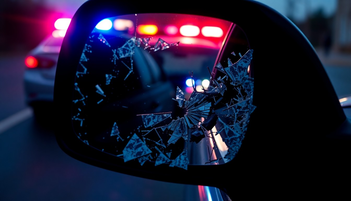 An extreme close-up of a shattered car side mirror reflecting the flashing lights of a police vehicle, conceptually representing the aftermath of a hit-and-run collision.