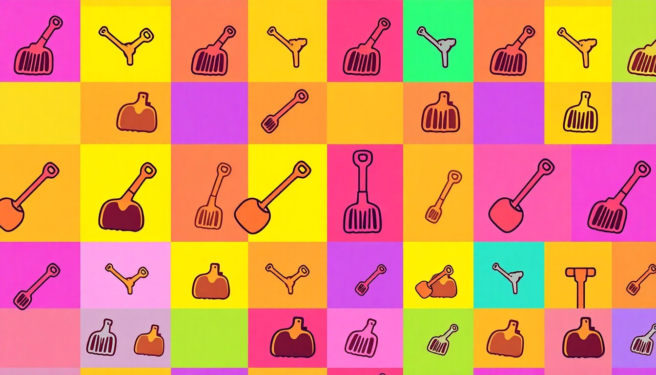 A highly stylized, abstract grid of brightly colored dog poop scooper icons, conceptually representing the growth of a professional pet waste management service.