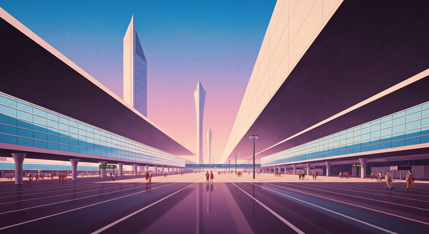 A highly stylized, geometric illustration depicting the grand scale and efficient design of an airport terminal, with sweeping lines and smooth gradients in shades of blue and grey, capturing the concept of improved travel planning through real-time data.