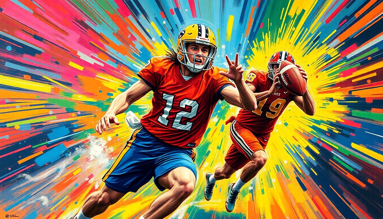 An abstract, energetic painting in neon colors, with bold brushstrokes and a sense of dynamic motion, capturing the excitement and intensity of college sports.