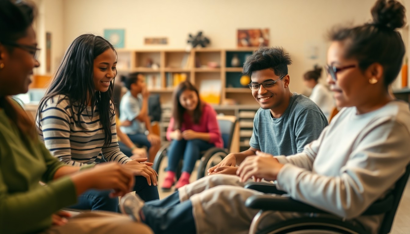 An abstract, out-of-focus photograph showing a group of people with disabilities engaged in various activities within a community center, with soft, warm lighting and muted colors creating a sense of community and inclusivity.
