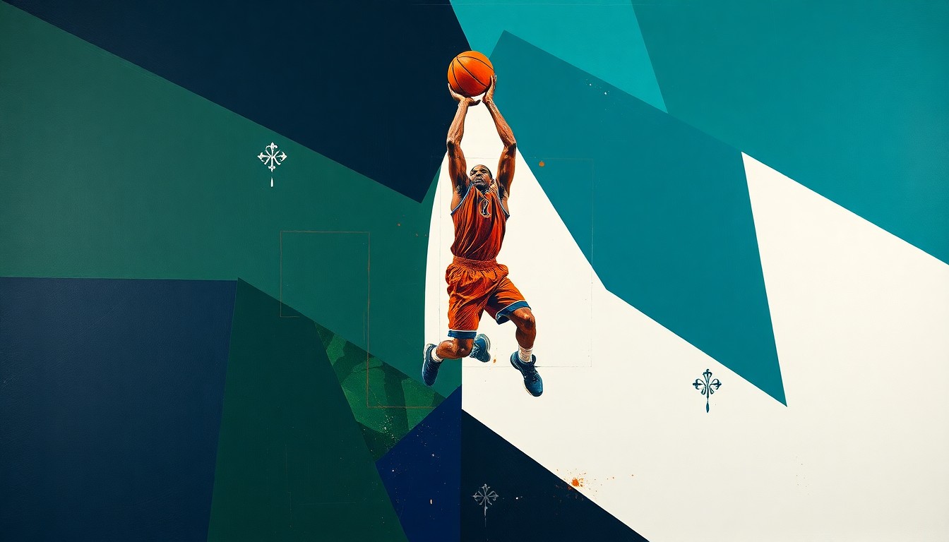 A fragmented, geometric painting in navy, green, and orange hues depicting the overlapping planes and angles of a basketball player's jump shot, conveying the dynamic motion and multiple perspectives of the transfer portal.