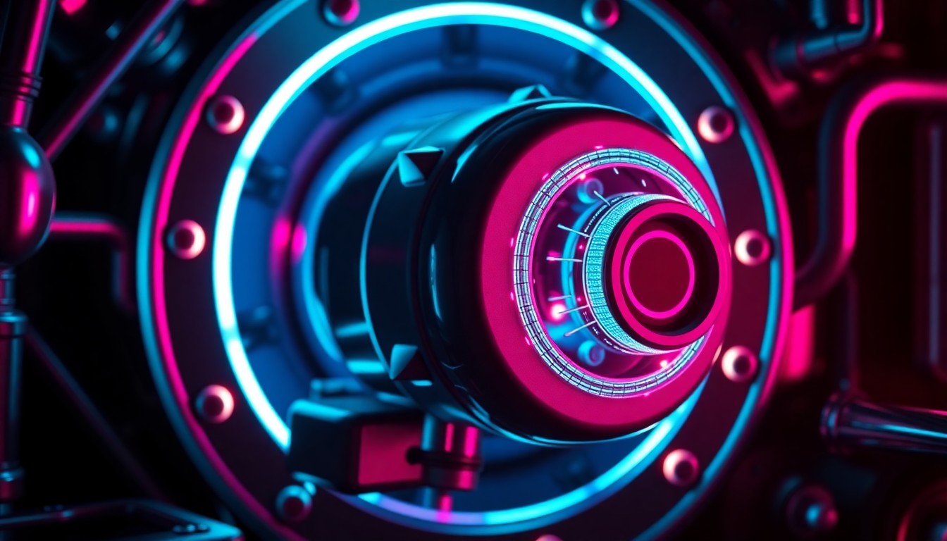 A highly detailed, glowing 3D macro illustration of a truck's DEF filter component, illuminated by neon cyan and magenta lights, conceptually representing the advanced technology and digital infrastructure powering the PartsNow.ai platform.