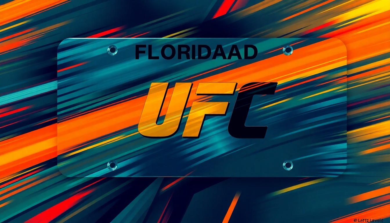 A dynamic, abstract painting of a speeding Florida license plate with the UFC logo repeated in overlapping, fractured geometric shapes, conceptually representing the energy and excitement of the new specialty plate designs.
