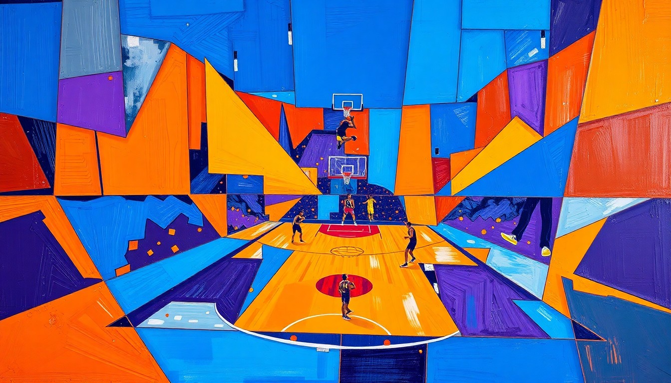 A cubist-style painting featuring overlapping geometric shapes and planes in vibrant colors, representing the dynamic movement and energy of a basketball game or match.