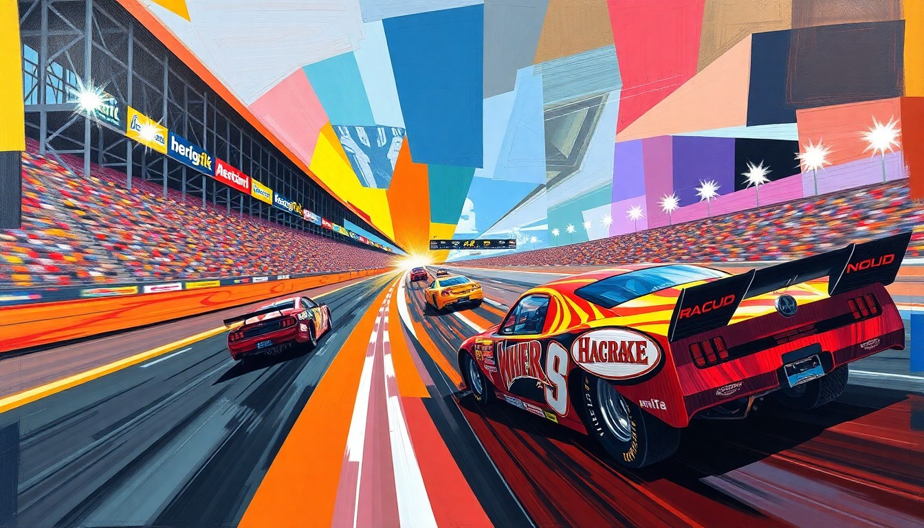 A cubist-style painting featuring fragmented, geometric shapes in bright colors representing the high-speed action of an NHRA Funny Car race, conveying the excitement and intensity of the milestone 1,000th event.
