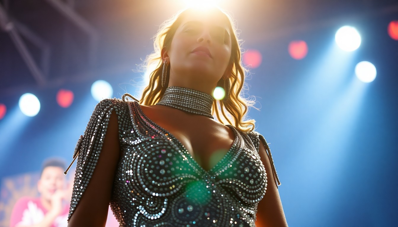 An extreme close-up photograph of a shimmering, sequined fabric in a bold, high-contrast lighting setup, capturing the glamorous, high-fashion aesthetic of Karol G's Coachella performance.