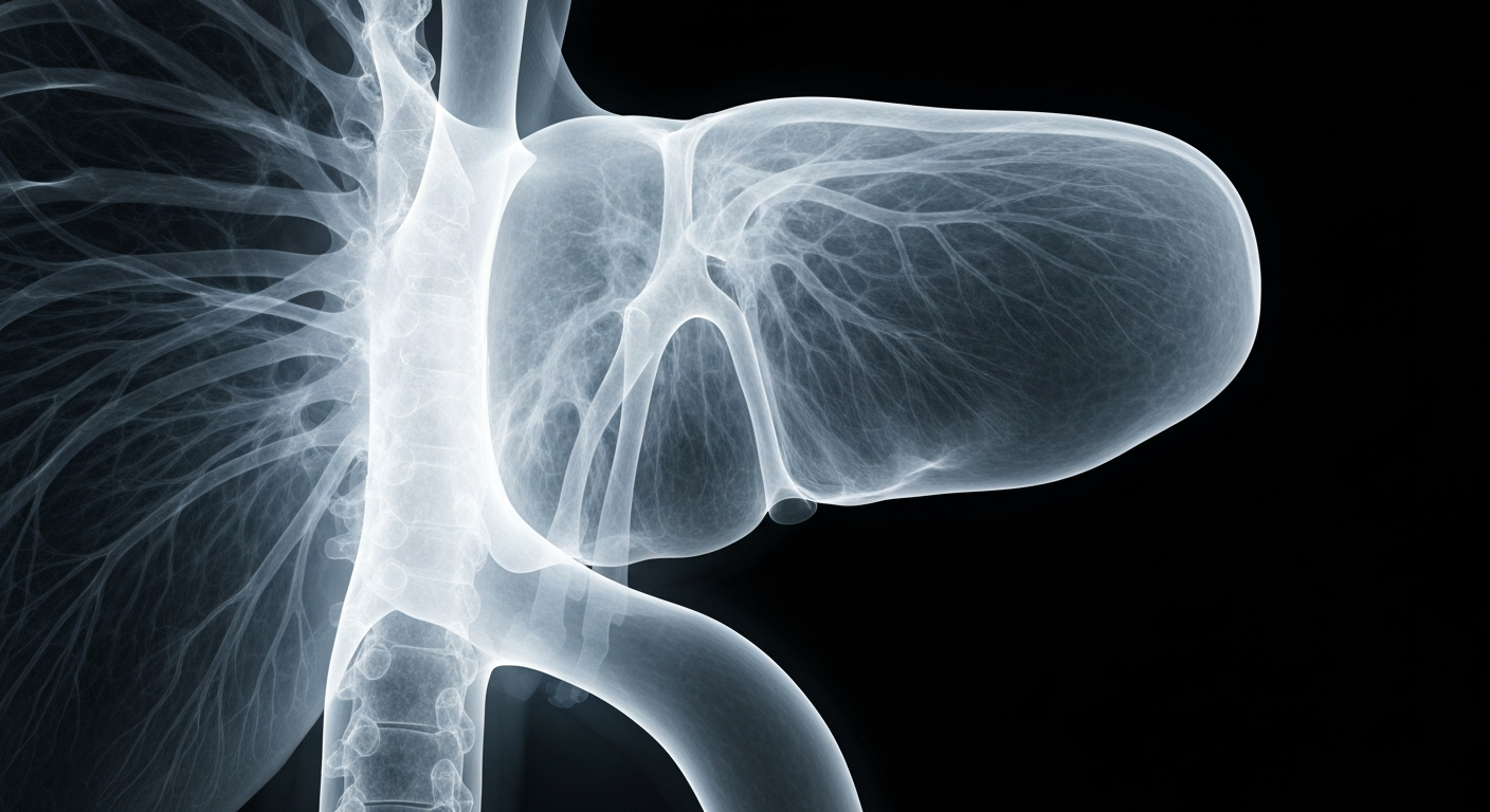 An extreme close-up X-ray image of a human liver, showing its complex internal structures in a ghostly, translucent style.