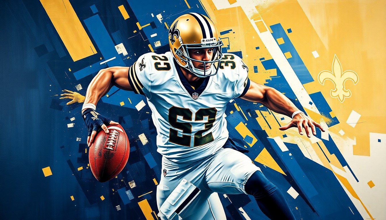 A fragmented, geometric painting depicting the dynamic motion of a football player rushing the passer, with sharp planes of navy blue, gold, and white representing the New Orleans Saints' team colors.