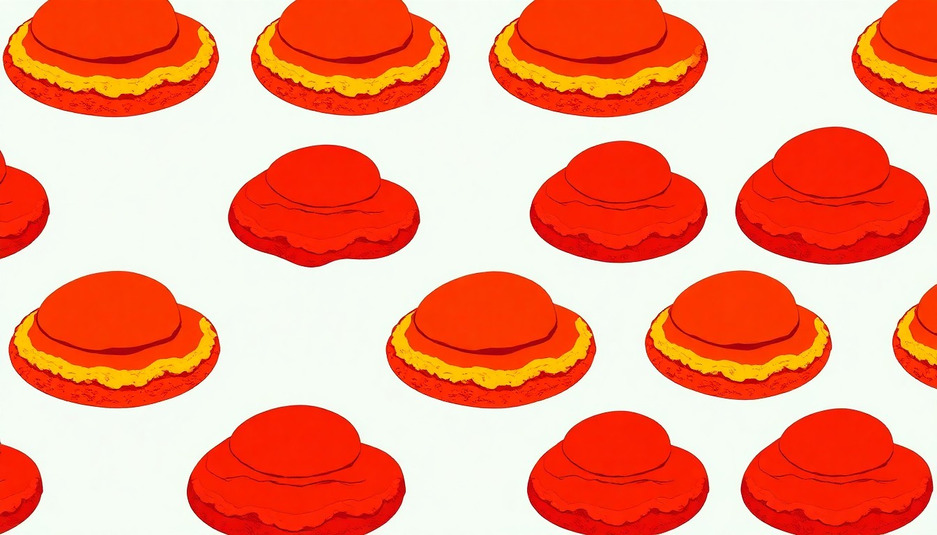 A boldly colored, silkscreen-style illustration featuring a single chicken fried steak dish repeated in a grid pattern, conceptually representing the iconic status of this comfort food in Texas culture.