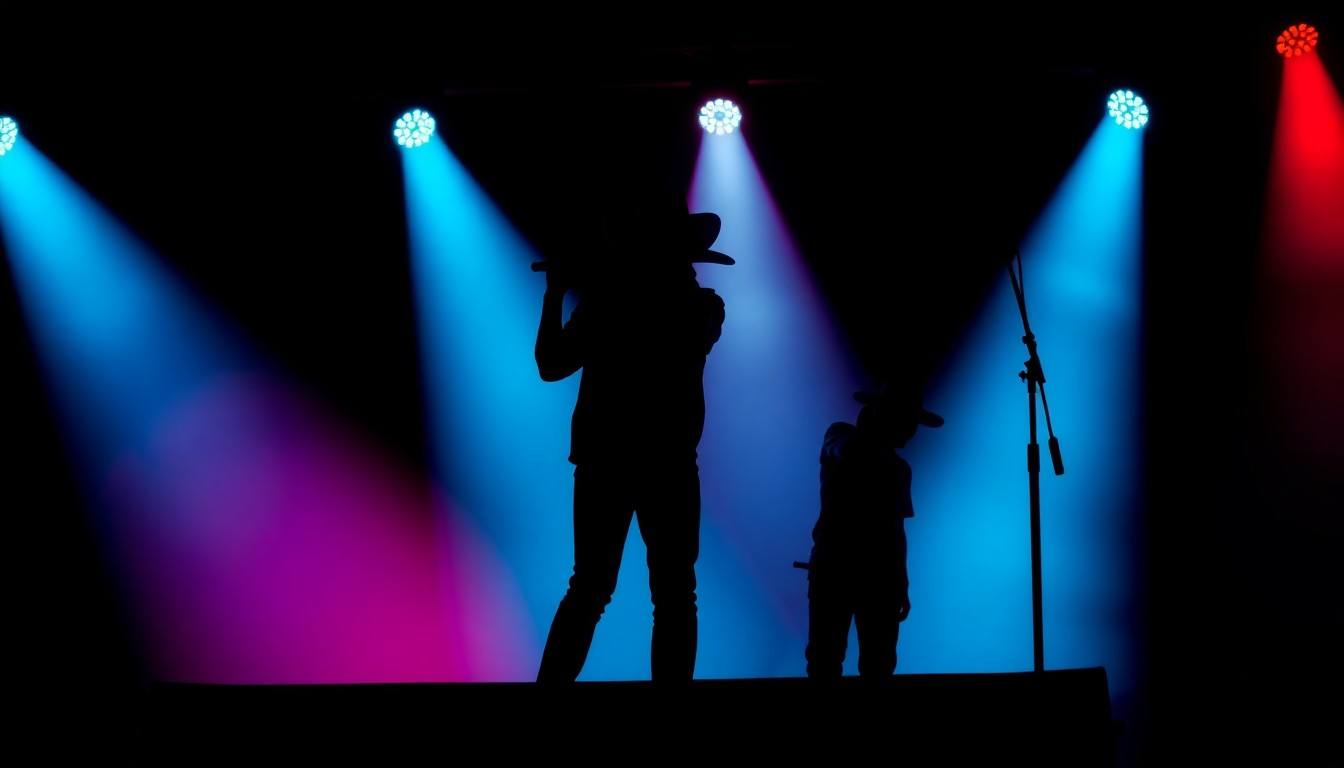 A striking black silhouette of two singers performing on a dimly lit stage, with dramatic red and blue lighting casting long shadows and creating a sense of energy and excitement.