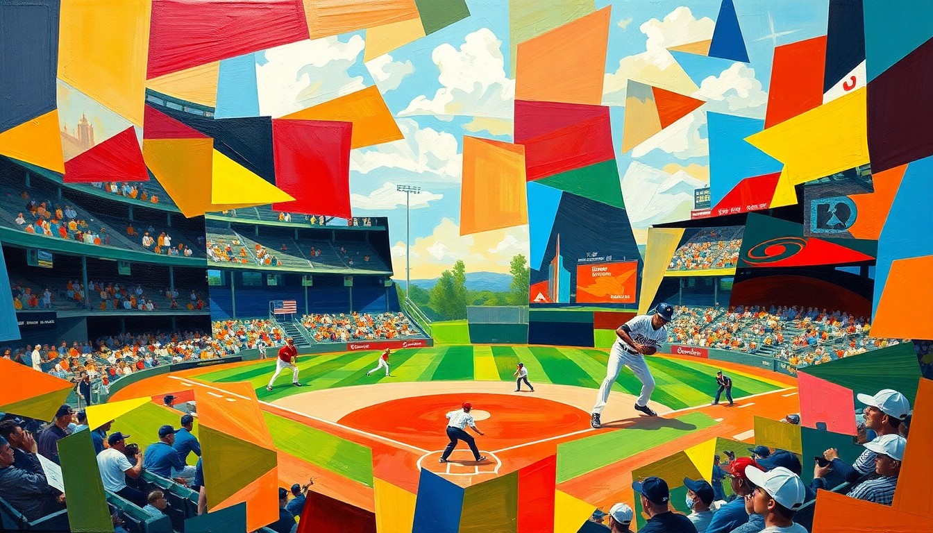 A cubist-style painting featuring overlapping geometric shapes and planes of vibrant colors, capturing the dynamic energy and action of a college baseball game.