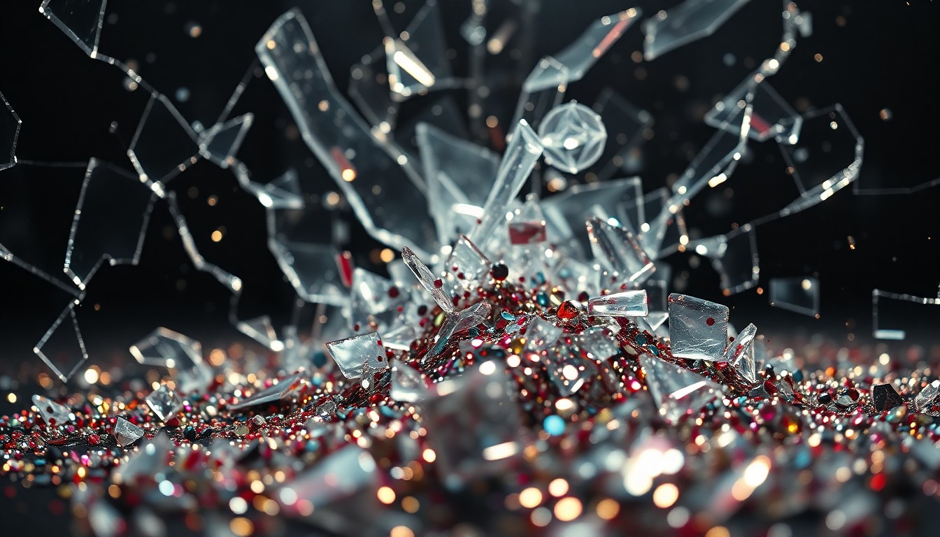 An abstract, high-contrast close-up photograph featuring shattered glass and glittering sequins, conceptually representing the glamour and grit of Euphoria's young adult characters.