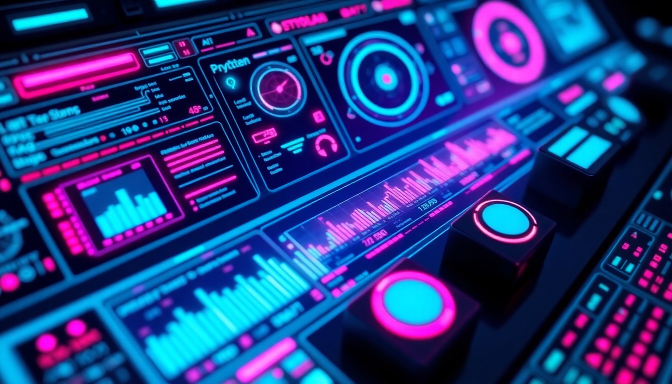 A highly detailed, glowing 3D macro illustration of a futuristic AI control panel or digital dashboard, with neon cyan and magenta lights illuminating the various modules and interfaces. The image conveys a sense of advanced, intelligent technology powering the autonomous management of a public company.