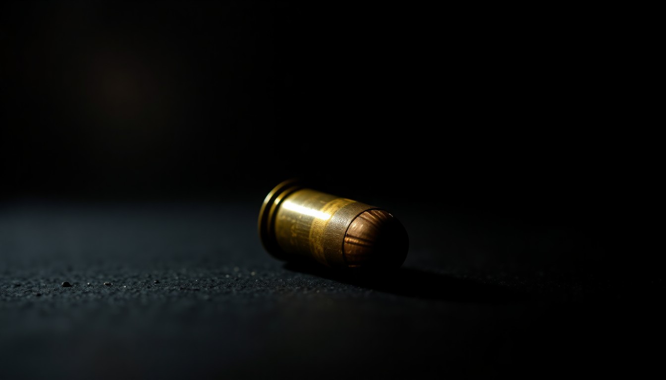 An extreme close-up photograph of a metallic shell casing on a dark surface, the harsh flash creating dramatic shadows and highlighting the textural details of the spent ammunition.