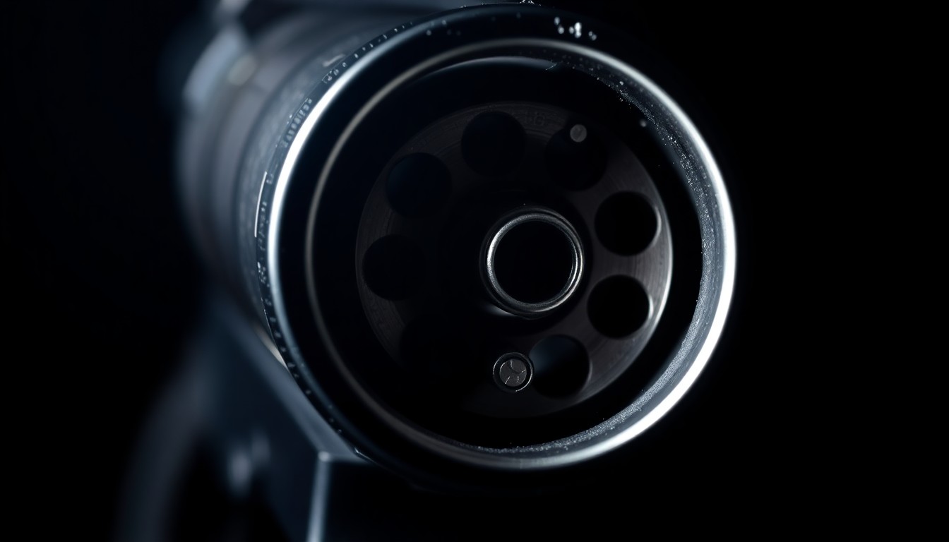 An extreme close-up photograph of a revolver cylinder and trigger mechanism, lit by a harsh, direct camera flash against a pitch-black background, creating a stark, gritty, investigative aesthetic.