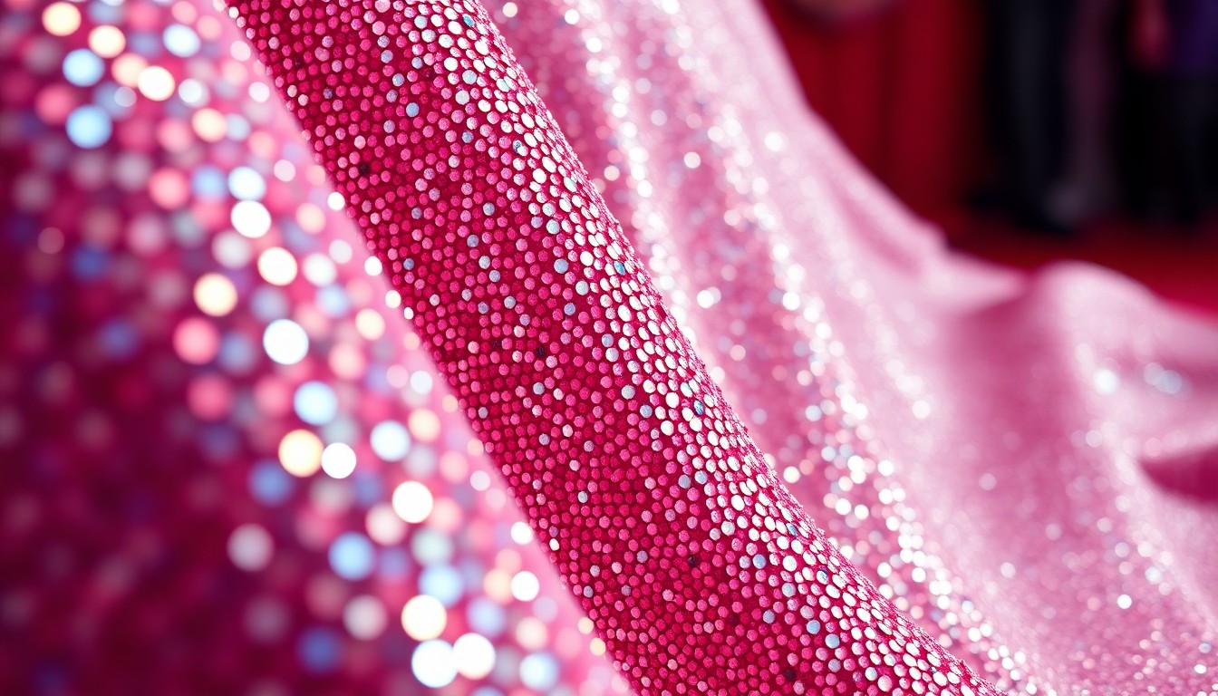 An abstract close-up photograph of luxurious, high-contrast textures like shimmering sequins and plush velvet, capturing the glamorous atmosphere of a celebrity-filled entertainment industry event.