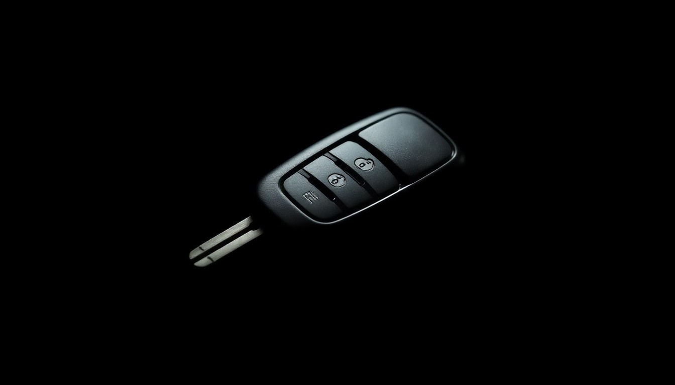 An extreme close-up photograph of a car key fob against a pitch-black background, capturing the texture and details of the metal and plastic in a stark, gritty, investigative aesthetic.